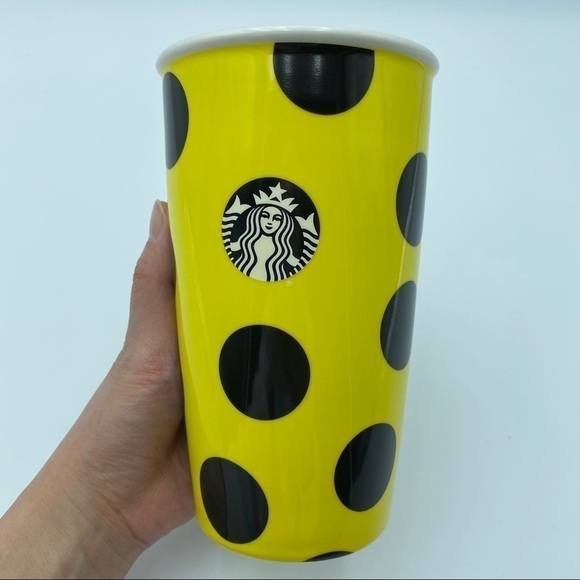 Starbucks Coffee 2015 12oz Yellow Black Polka Dot Ceramic Travel Tumbler Mug - Picture 3 of 6